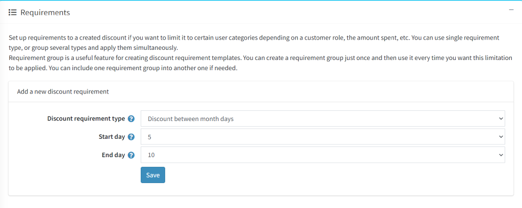 between month days discount requirement